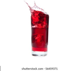 An Ice Cube Splashes Into Cold Cranberry Juice