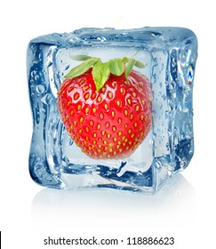 Ice cube and strawberry isolated on a white background