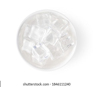Ice cube in white bowl isolated on white background, top view