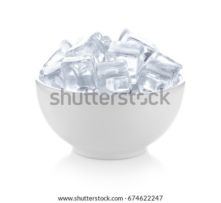 ice cubes in the bowl on white background.