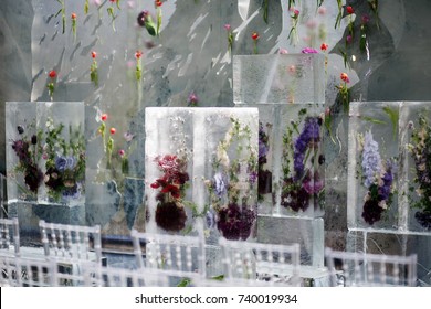 ICe Cubes With Colorful Flowers Make A Wedding Altar On The Backyard