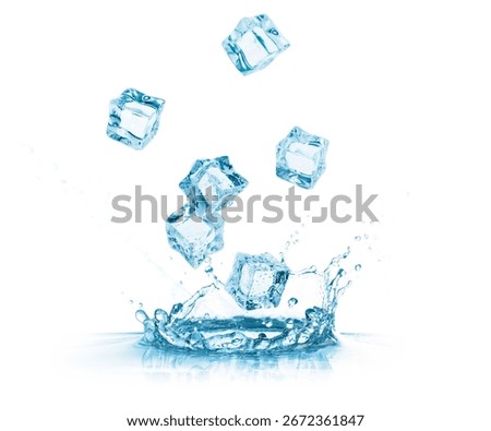 Ice cubes falling into water on white background