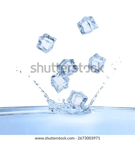Ice cubes falling into water on white background