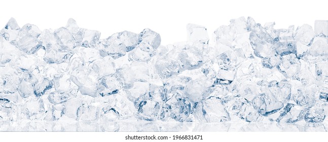 Ice cubes on white background. Heap of crushed ice cubes in white background wide shot.