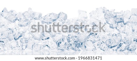 Ice cubes on white background. Heap of crushed ice cubes in white background wide shot.
