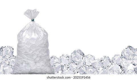 Ice Cubes In Plastic Bag, Bagged Ice Or Packaged Ice Isolated On White Background Packaging Template Mockup Collection.