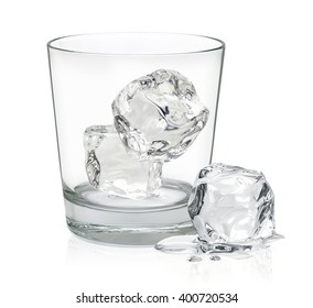 Ice Cubes In Rocks Glass On White Background