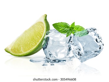  Ice Cubes,lime Wedge And Basil Leaves Isolated On White Background 