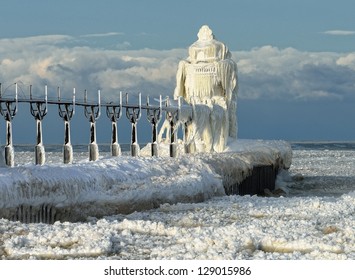 Ice Encased St. Joseph Lighthouse Lake Michigan