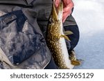 Ice fishing on frozen lake