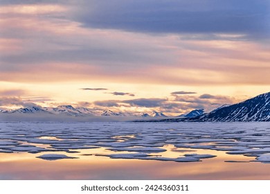 Ice in a fjord at Svalbard in the light of the midnight sun