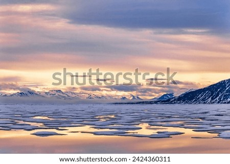 Ice in a fjord at Svalbard in the light of the midnight sun