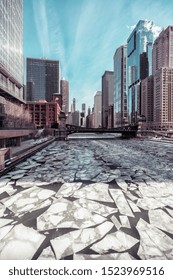 Ice Floes On Chicago River, Winter Scenery, Polar Vortex