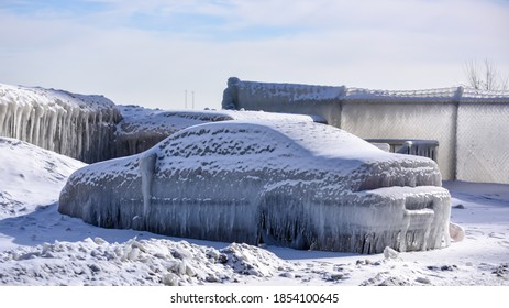 Ice Forming On Car In Winter Along Lake Michigan