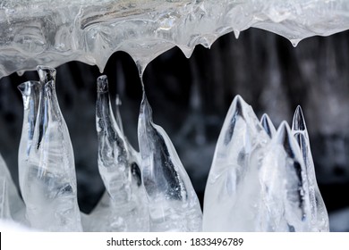 Ice forms pillars beneath an upheaved sheet of ice at Copper Fal
