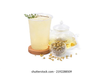 Ice Fruity Camomine Tea With Dry Fruity Camomine Tea And Teapot Isolated On White Background. Coffee Shop Cafe Menu Concept.