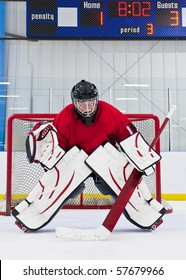 Ice Hockey Goalie In Front Of His Net. Picture Taken In Ice Arena.