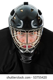 Ice Hockey Goalie Portrait. Photo On White Background