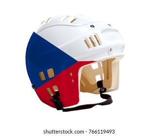 Ice hockey helmet with Czech Republic flag painted on it. Isolated on white background. Czech Republic is one of the world's major ice hockey nations.