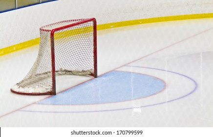 Ice hockey net and crease in an arena