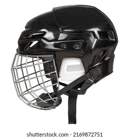 Ice Hockey New Black Protective Plastic Helmet With Front Metal Grill Isolated On White Background.