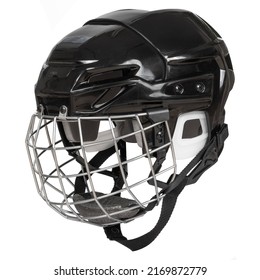 Ice Hockey New Black Protective Plastic Helmet With Front Metal Grill Isolated On White Background.