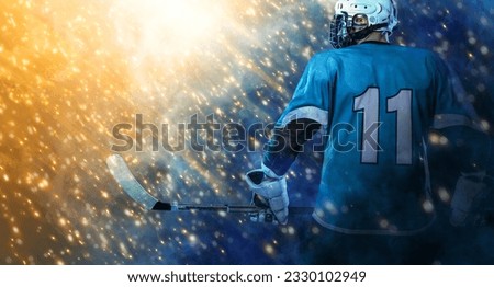 Ice hockey player in fire. Download high resolution photo for sports betting advertisement. Icehockey athlete in the helmet and gloves on stadium with stick. Sport concept. Sports wallpaper.