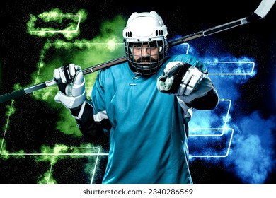 Ice hockey player in neon colors. Download high resolution photo for sports betting advertisement. Icehockey athlete in the helmet and gloves on stadium with stick. Sport concept. Sports wallpaper. - Shutterstock ID 2340286569