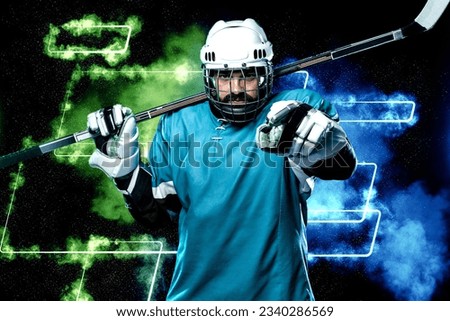 Ice hockey player in neon colors. Download high resolution photo for sports betting advertisement. Icehockey athlete in the helmet and gloves on stadium with stick. Sport concept. Sports wallpaper.