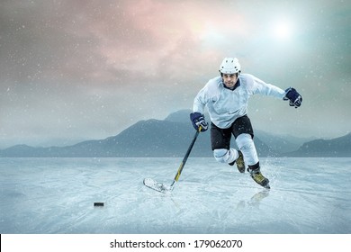Ice Hockey Player On The Ice, Outdoor.