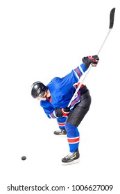 Ice Hockey Player Performing Slap Shot Isolated On White Background