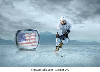 Ice Hockey Player At The Ice. USA National Team.