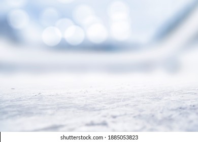 ICE HOCKEY STADIUM BACKGROUND, WINTER SPORT HALL WITH SCRATCHED ICE AND SNOW, WINTER BACKDROP