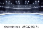 Ice hockey stadium, field with spotlights. View from gates of empty ice rink, sport arena wit indoor illumination. 3D render illustration background. Concept of team sports, active lifestyle. Ad