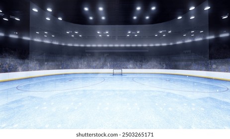 Ice hockey stadium, field with spotlights. View from gates of empty ice rink, sport arena wit indoor illumination. 3D render illustration background. Concept of team sports, active lifestyle. Ad