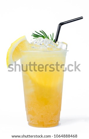 Ice honey lemon soda in glass on white background.