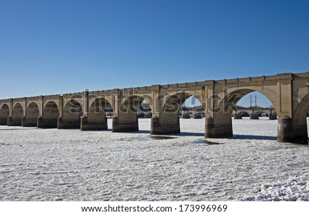 Ice jams the Susquehanna River in and around the many bridges serving the city of Harrisburg PA.