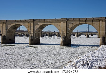 Ice jams the Susquehanna River in and around the many bridges serving the city of Harrisburg PA.