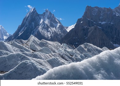 Ice Layer On Baltoro Glacier And Mitre Peak, K2 Trek, Pakistan, Asia