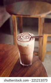 Ice Mocha Coffee On Wood Table