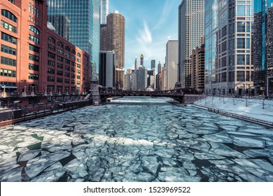 Ice On Chicago River During Winter Polar Vortex