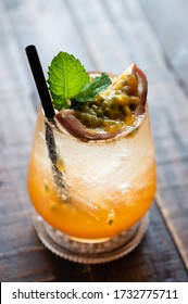 Ice Passion Fruit Mocktail With Soda. Sparkling  Sweet And Sour Drink.