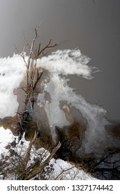 Ice Piece With Snow In The River, Spring Time. View From The Top