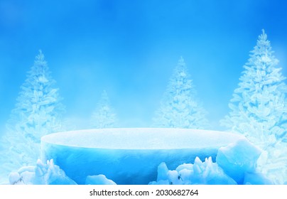 Ice podium with pine trees background for mockup display or presentation of products. Advertising theme concept.