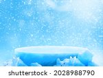 Ice podium with snowy background for mockup display or presentation of products. Advertising theme concept.