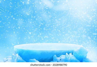 Ice podium with snowy background for mockup display or presentation of products. Advertising theme concept. - Shutterstock ID 2028988790
