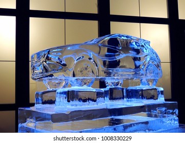 The Ice Sculpture Of Vehicle On The Ice Pedestal
