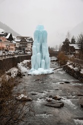 Ice Sculpture In Winter, Frozen Fountain