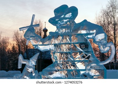 Ice Sculpture-evil Puppeteer Controls A Puppet On The Background Of A Religious Temple. Concept: Religion Is Control Of People, Manipulation Of Believers.