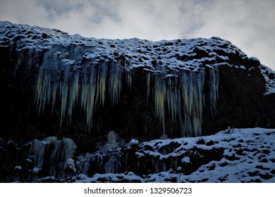 Ice Sickles On A Basalt Cliff In The Upper Deschutes River Canyon Oregon